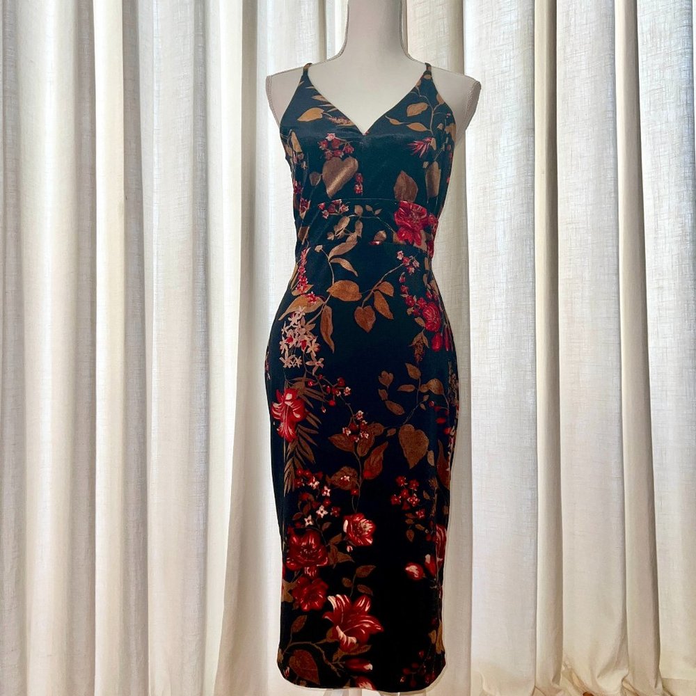 Venus black floral bodycon dress with sexy lace cutout back, Size M